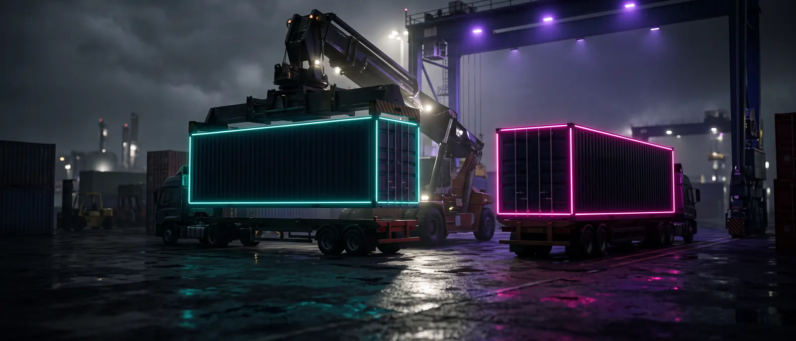 A container being lifted off a truck chassis at night while an identical one waits on the next chassis, both under the same crane.
