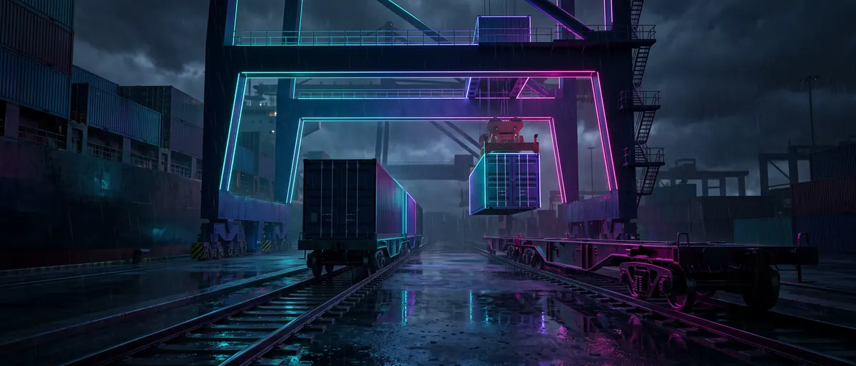 A rail siding at a port at night, containers being transferred from ship to wagon by an overhead gantry, one wagon already loaded.