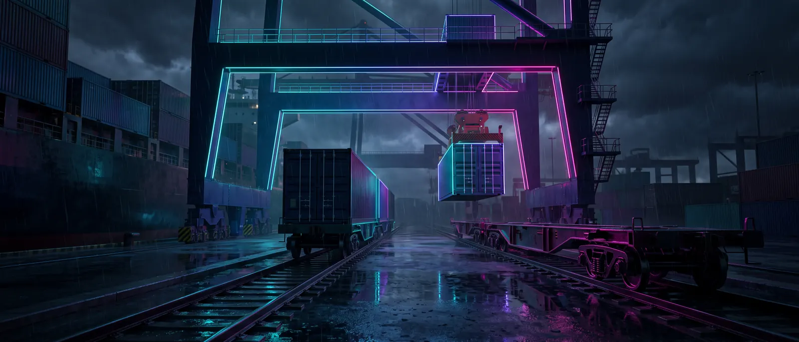 A rail siding at a port at night, containers being transferred from ship to wagon by an overhead gantry, one wagon already loaded.