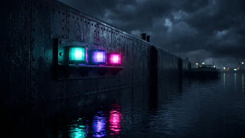 Three navigation lights on a harbour wall, all lit