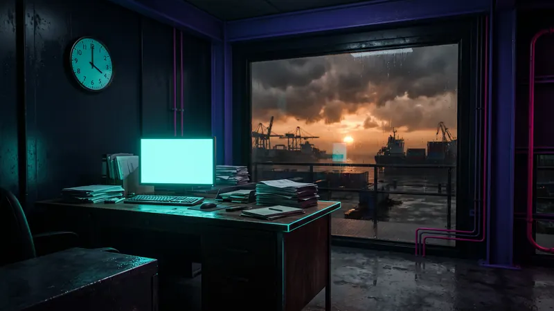 A port office at 4pm, low sun behind storm cloud, a desk of paper