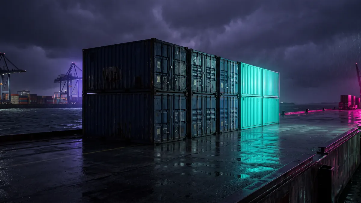 Nine containers in a row, six dark and three lit