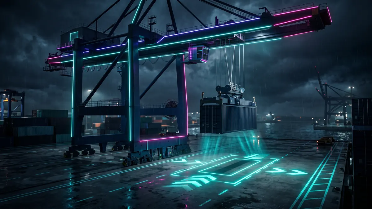 A crane lowering a container onto projected guide lines