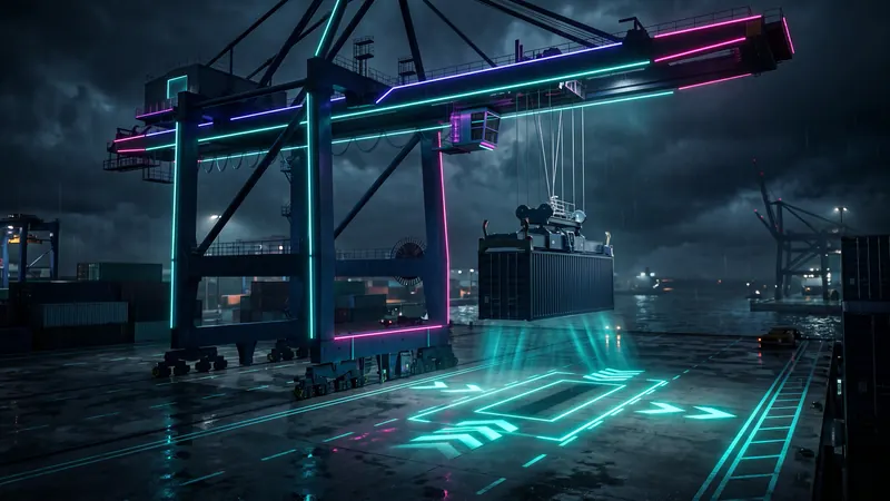 A crane lowering a container onto projected guide lines