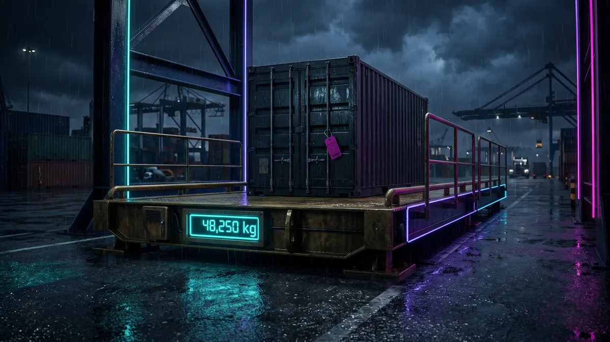 A weighbridge with a container and a magenta price tag