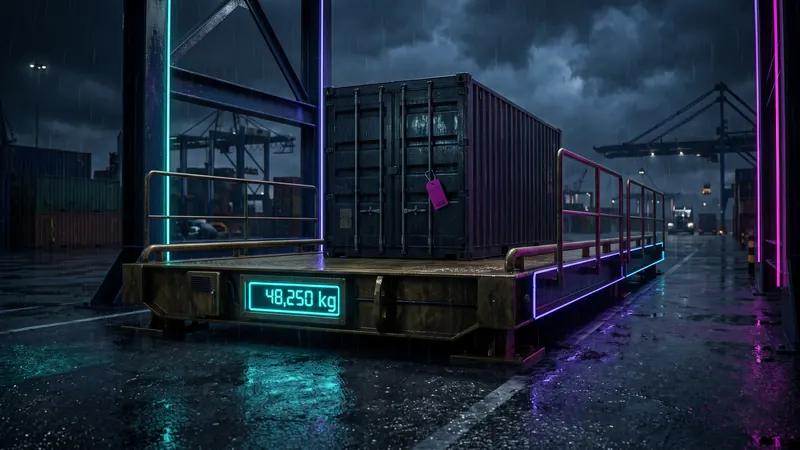 A weighbridge with a container and a magenta price tag