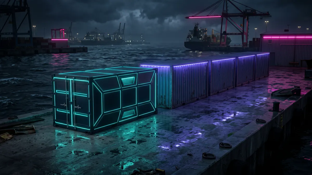 One bespoke welded container beside a row of identical rentals