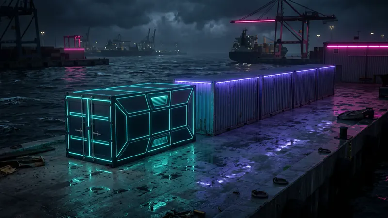 One bespoke welded container beside a row of identical rentals