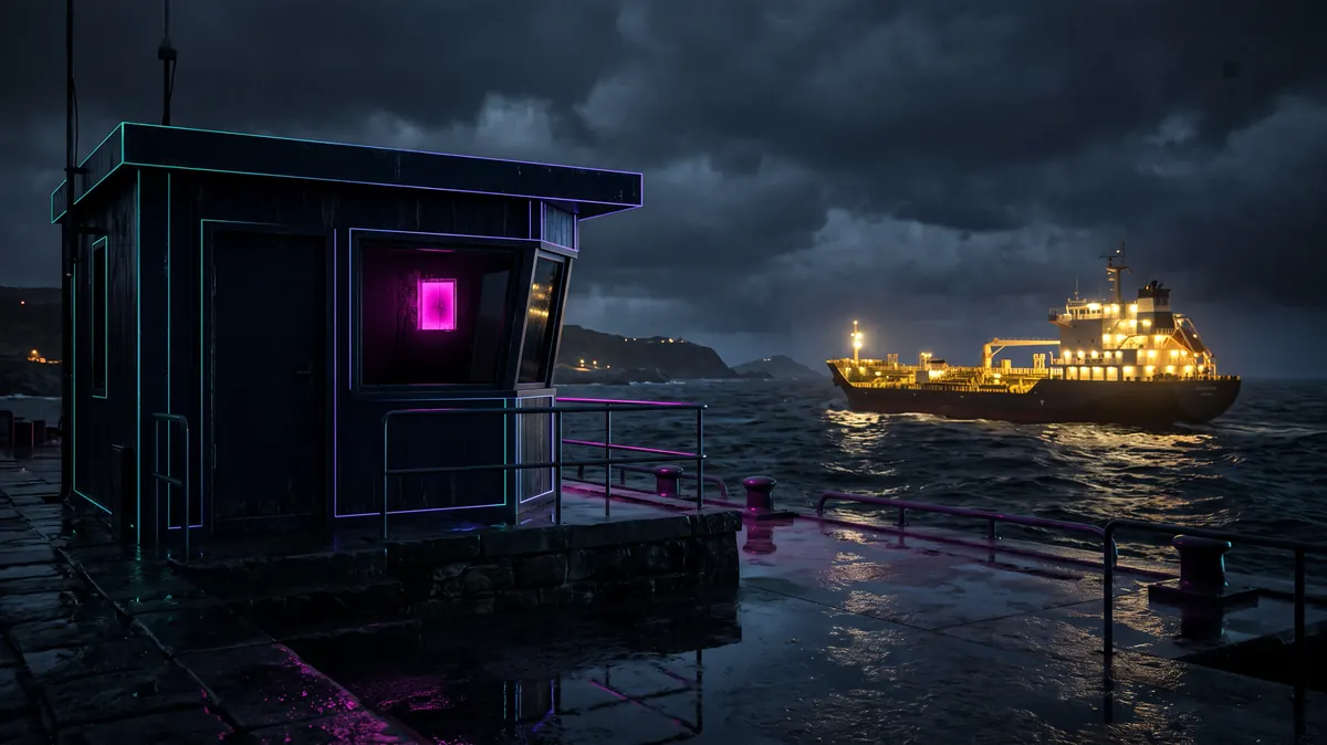 A dark harbour office, phone light blinking as a ship passes