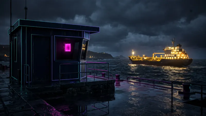 A dark harbour office, phone light blinking as a ship passes