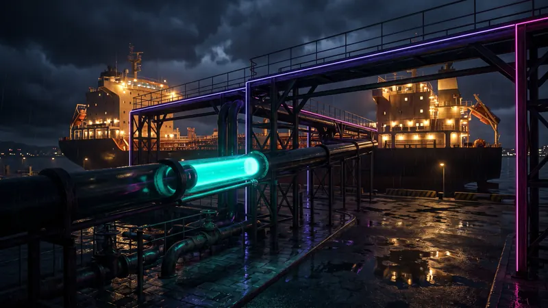 A single glowing message tube travelling a pipeline to a ship