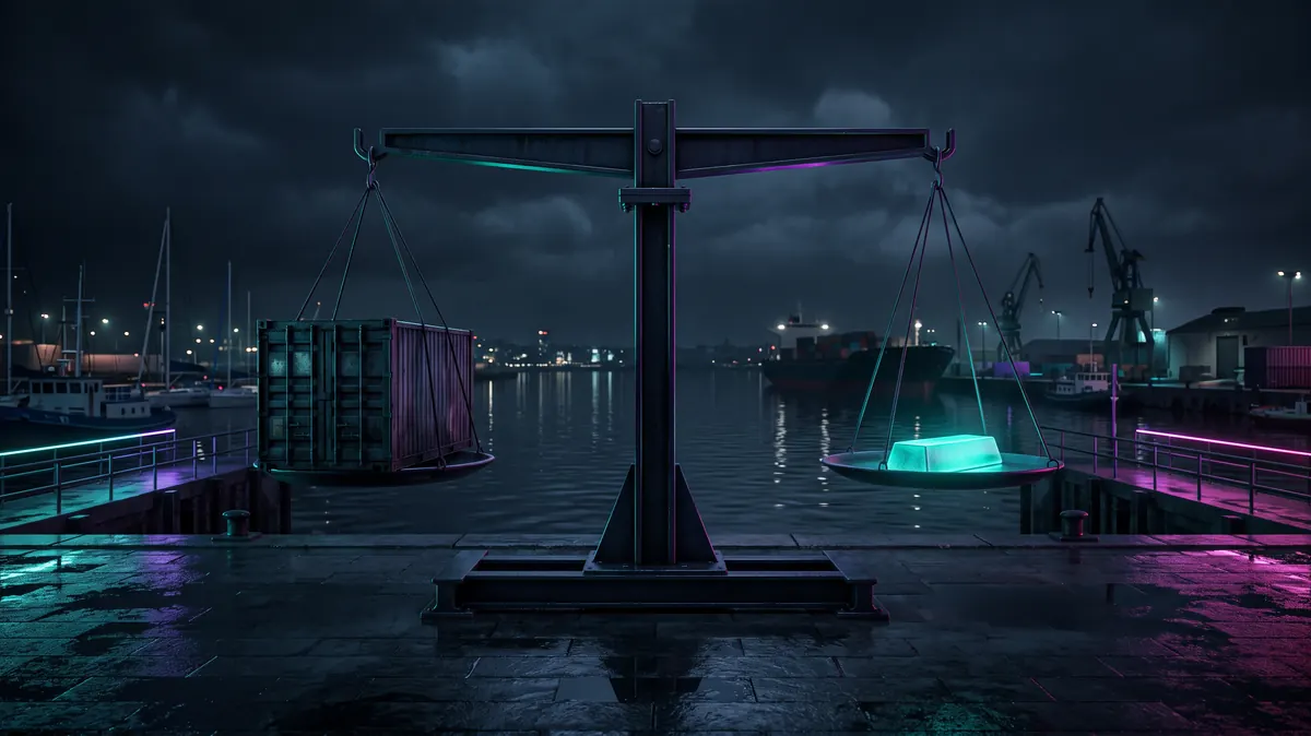 A balance scale, a container on one side, an ingot on the other