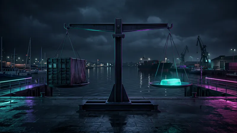 A balance scale, a container on one side, an ingot on the other