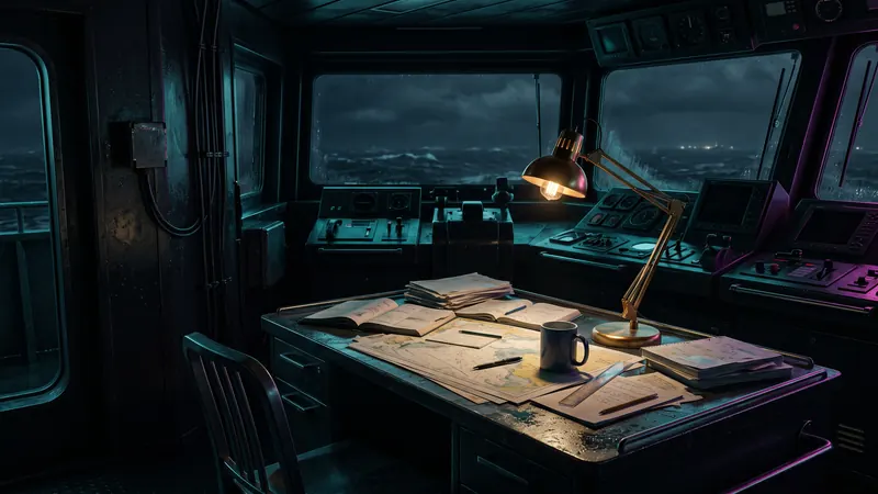 A bridge lit by one desk lamp over paperwork at night