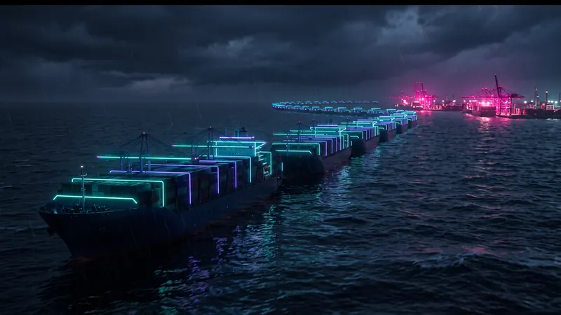 A queue of ships anchored outside a port at night