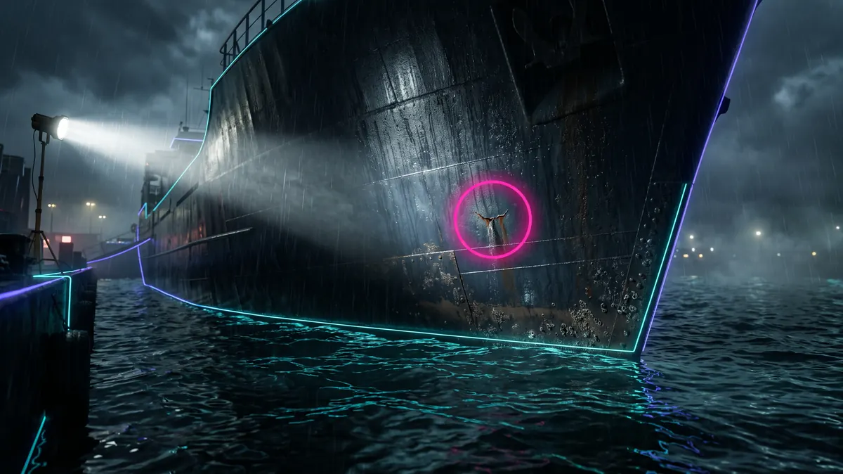 An inspection lamp on a hull, one leak circled