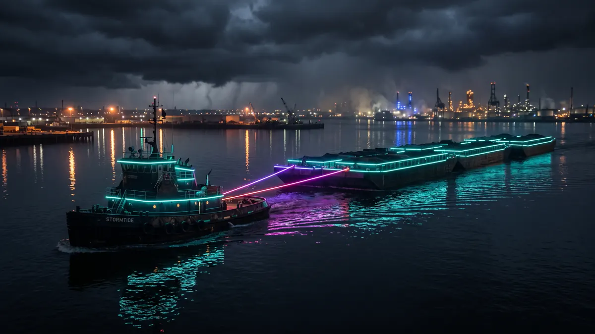 A tug towing three linked barges in a steady line