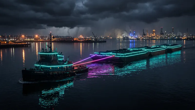 A tug towing three linked barges in a steady line