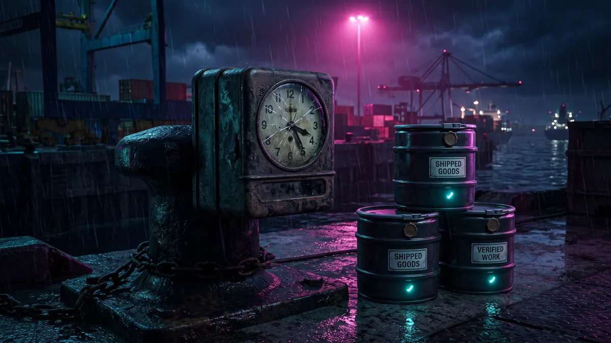 A cracked punch clock on a quay bollard beside three sealed containers each lit with a shipped tick