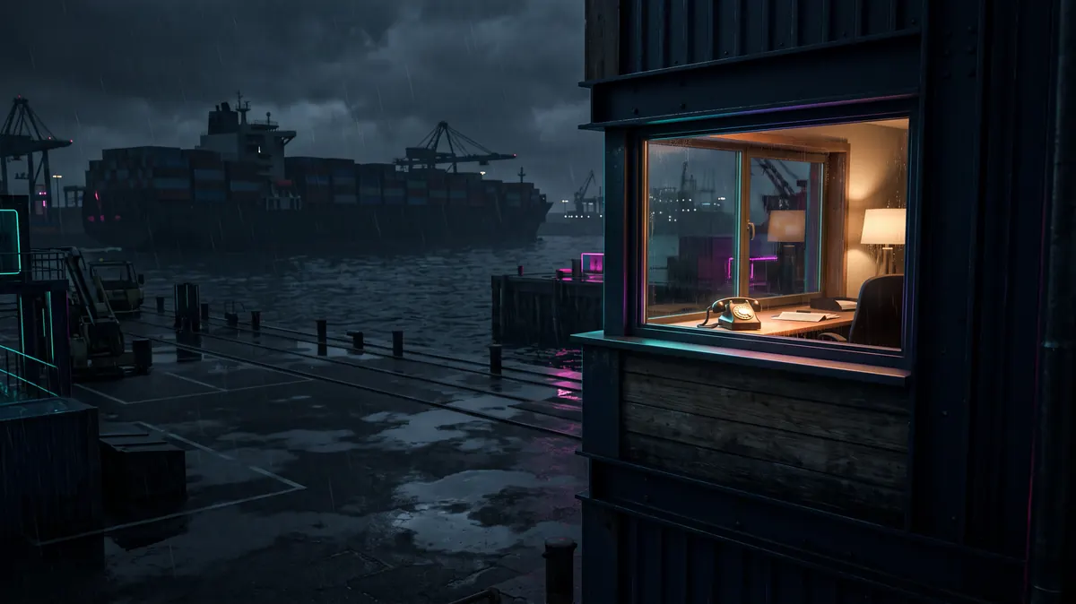 A harbour master’s window lit at 2am above a dark quay, a single telephone handset glowing on the sill.
