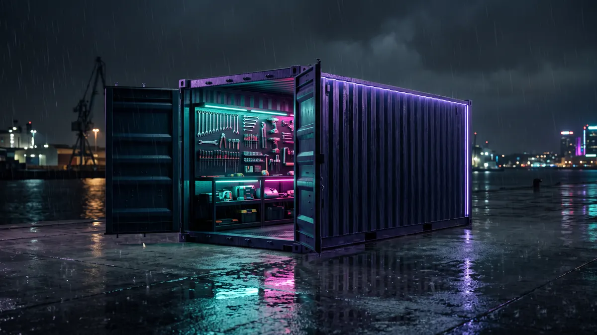 A container opened to reveal racked glowing tools