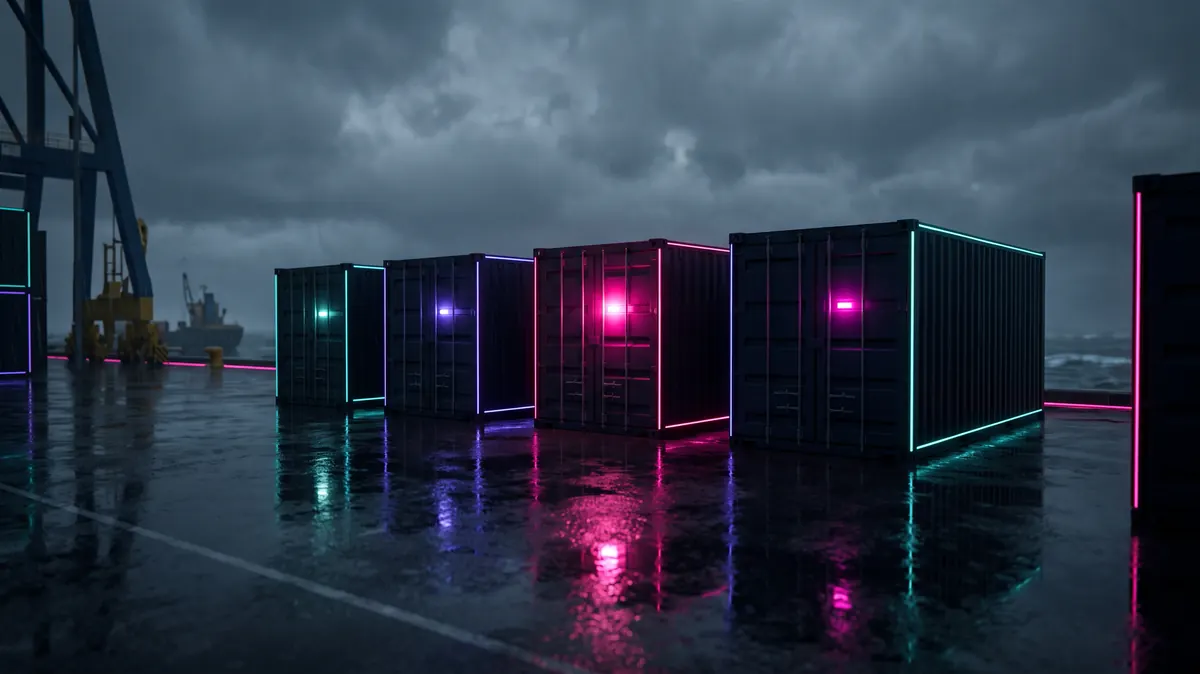 Five containers in a row, one lit brighter than the rest