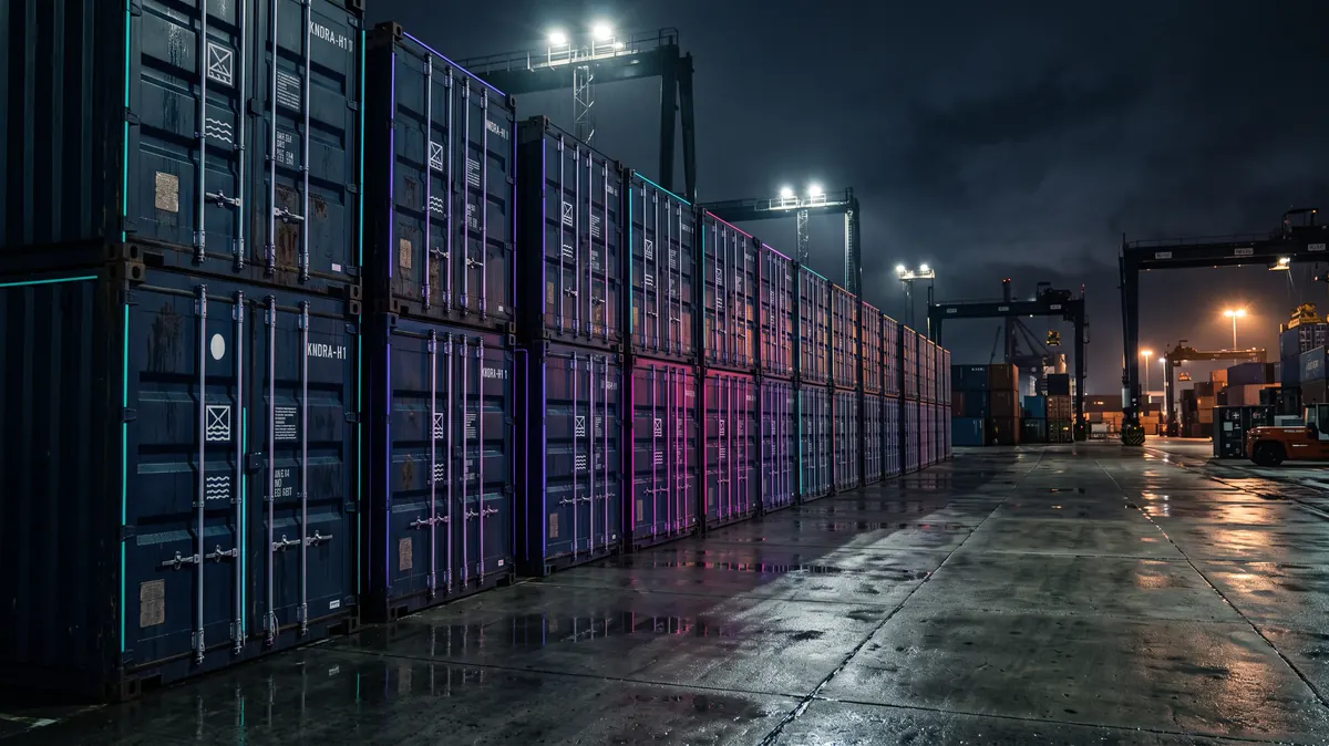 A row of identical shipping containers under harbour lights at dawn, each door marked with the same repeating stencil.