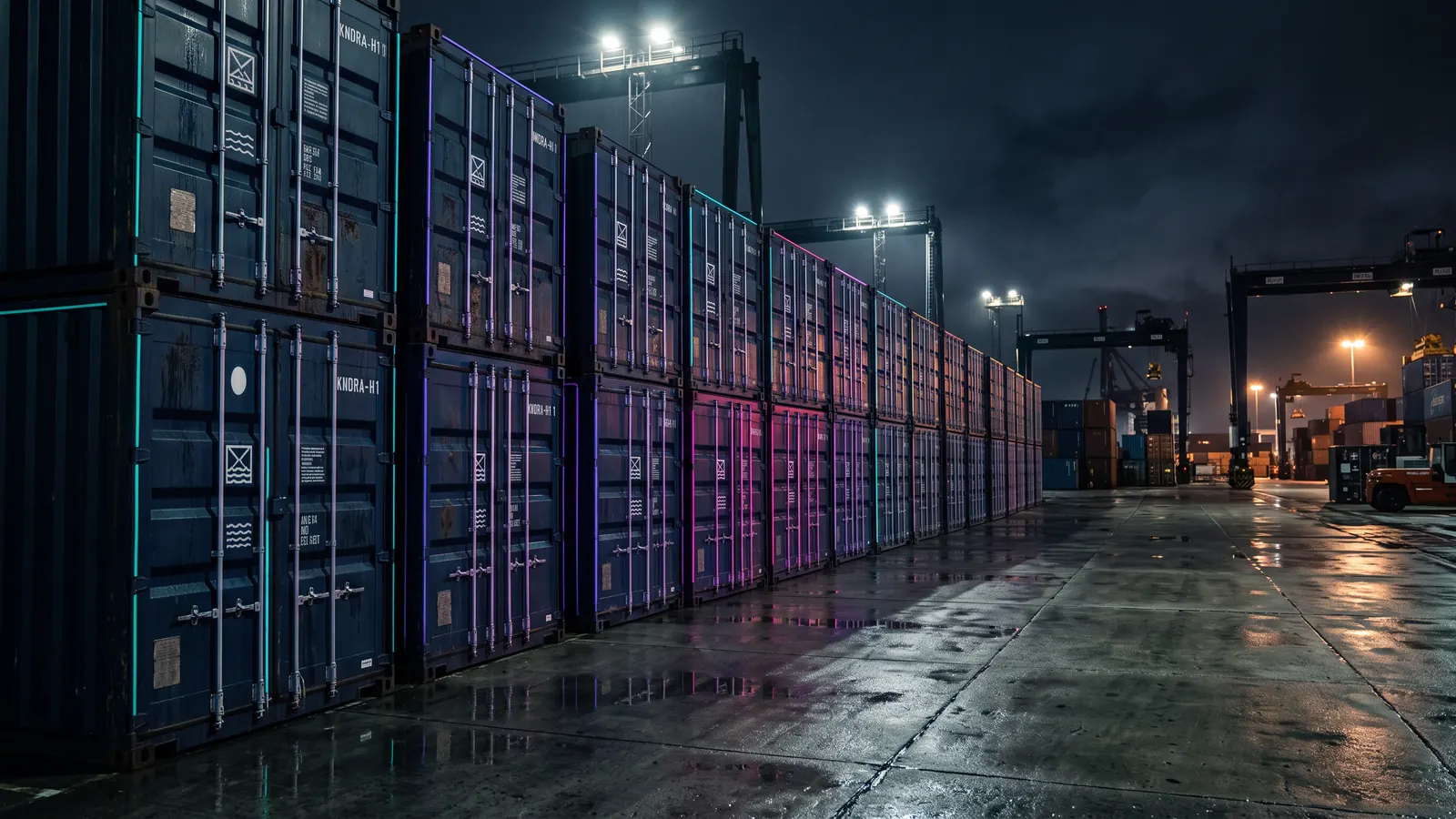 A row of identical shipping containers under harbour lights at dawn, each door marked with the same repeating stencil.
