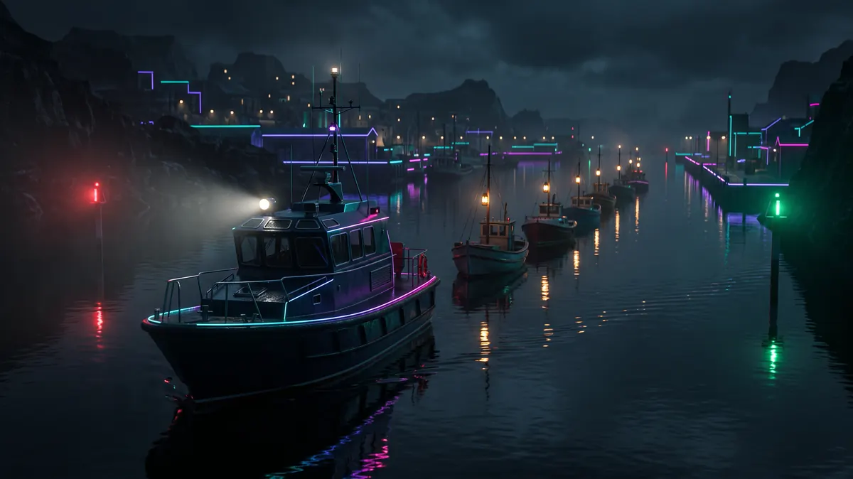 A pilot boat leading a line of small craft into port at night, each one carrying a single lit lantern.