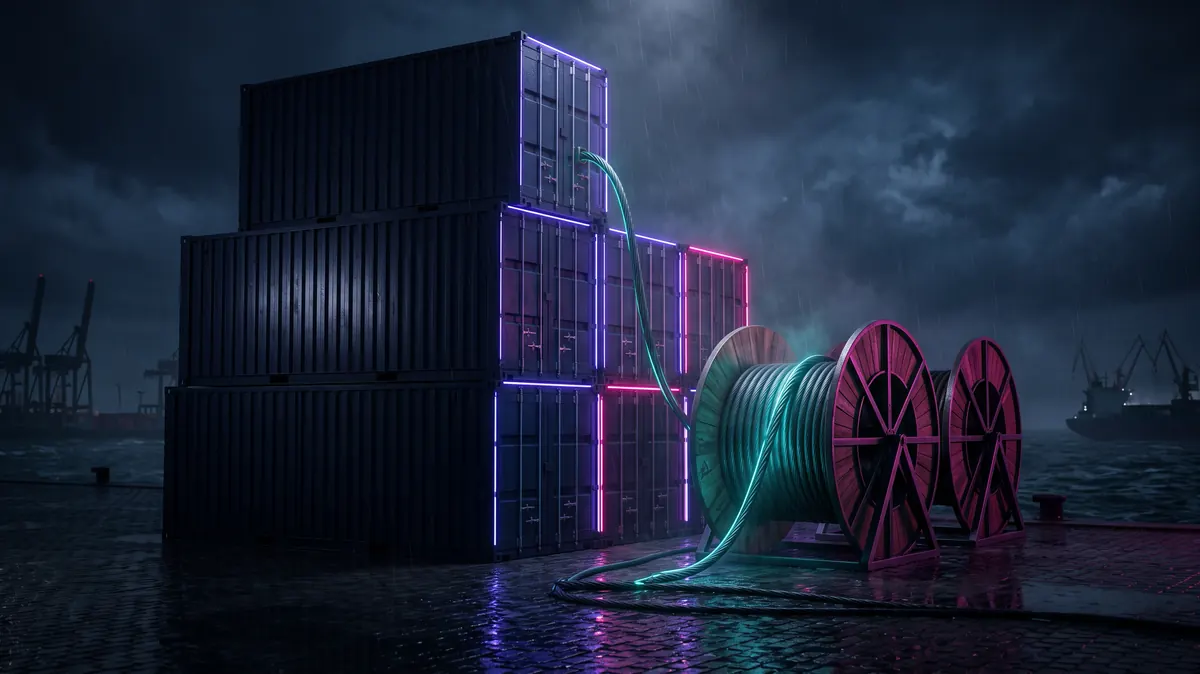 A ranked stack of containers with cable drums
