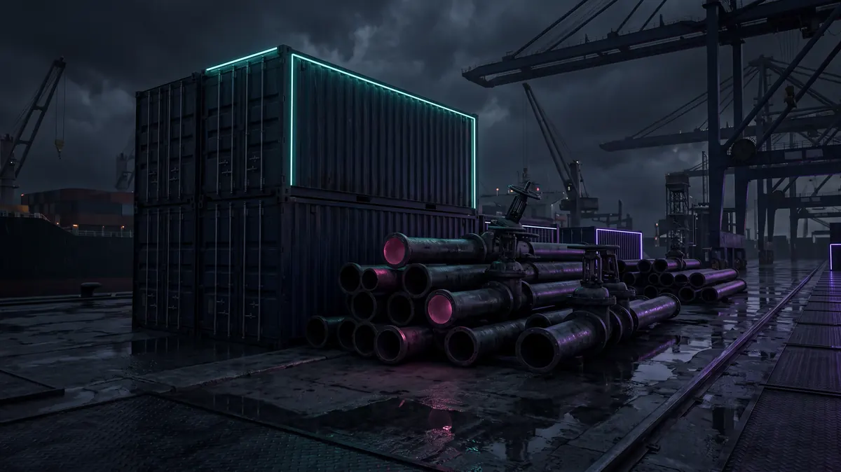 A ranked stack of containers with steel pipes and valves