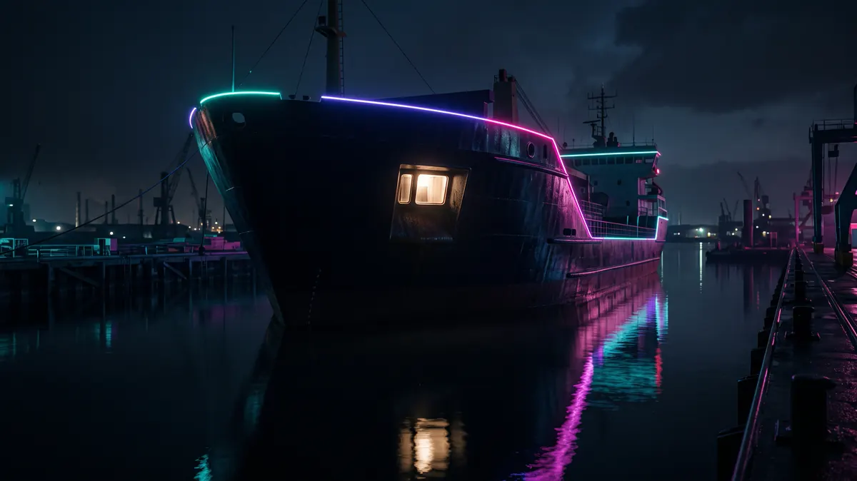 A calm harbour with one well-lit ship's cabin