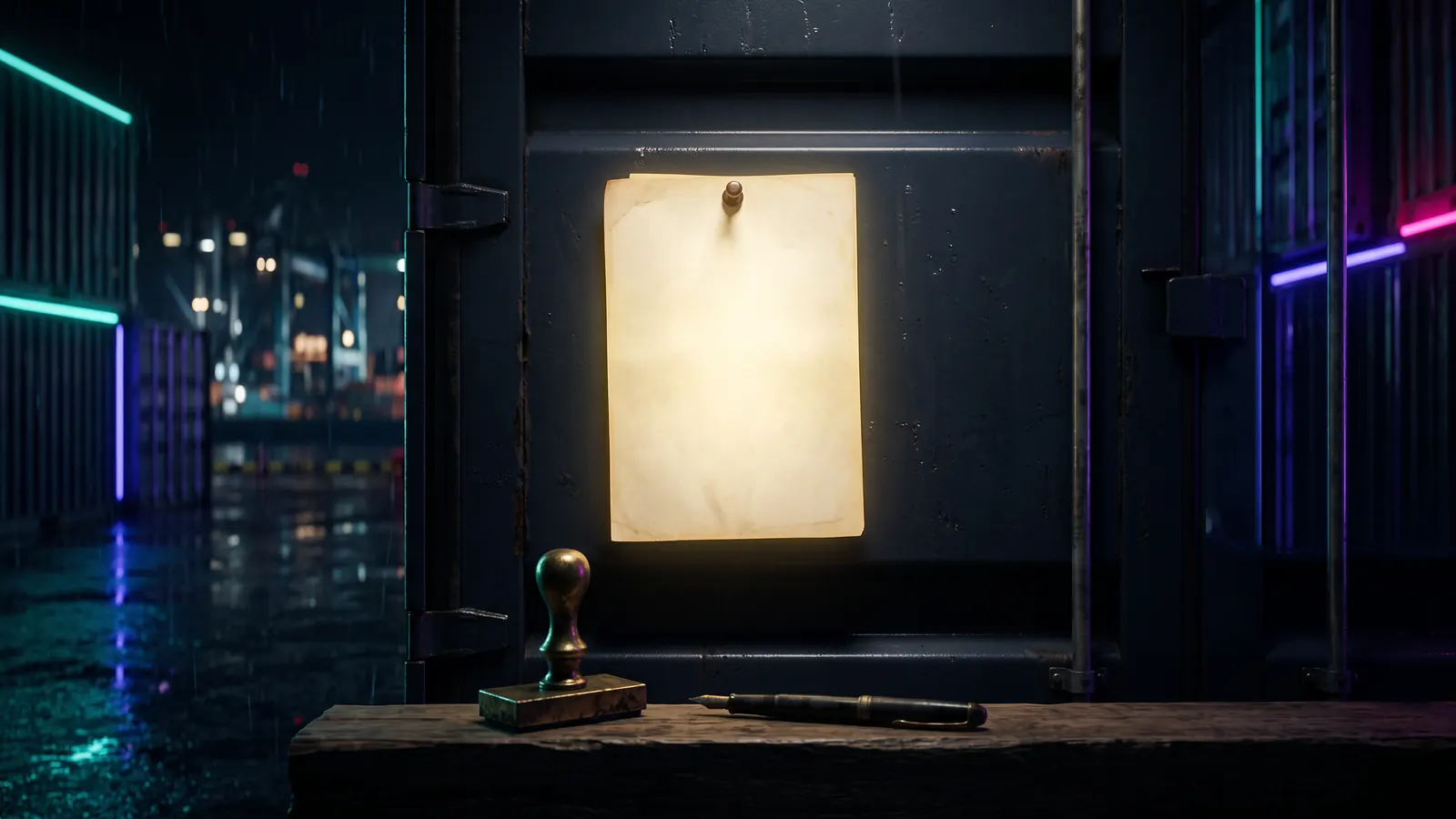 A single glowing manifest pinned to a container door on a dark quay, a stamp and a pen resting on the ledge beneath it.