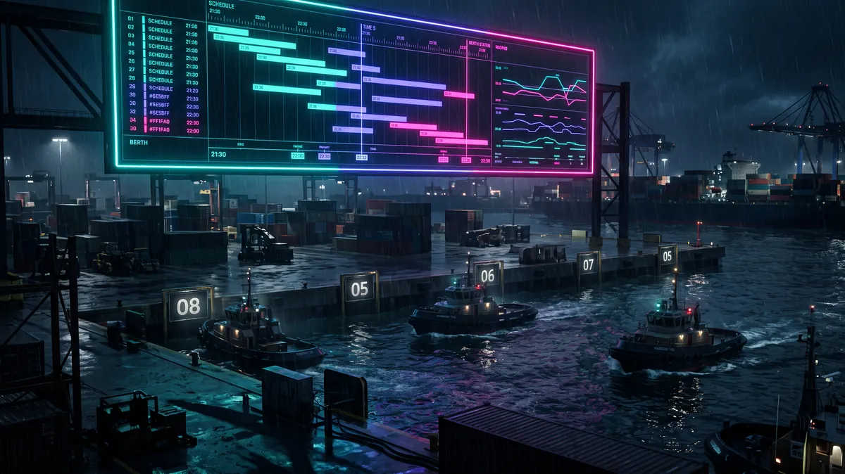 A harbour control board of glowing schedule bars above a dark yard where three small boats move between lit berths.