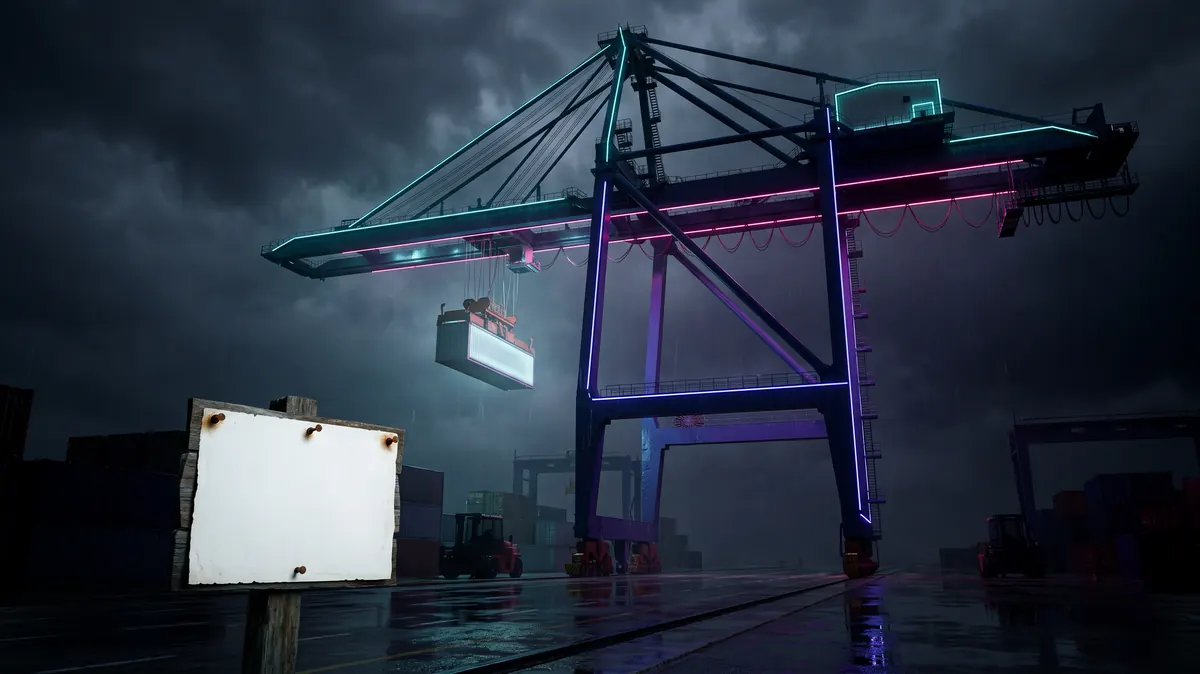 A crane lifting a lit container panel into place against a night sky, a proof sheet pinned to the quay below.
