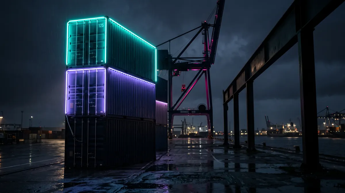 A ranked stack of containers with steel beams and a site crane