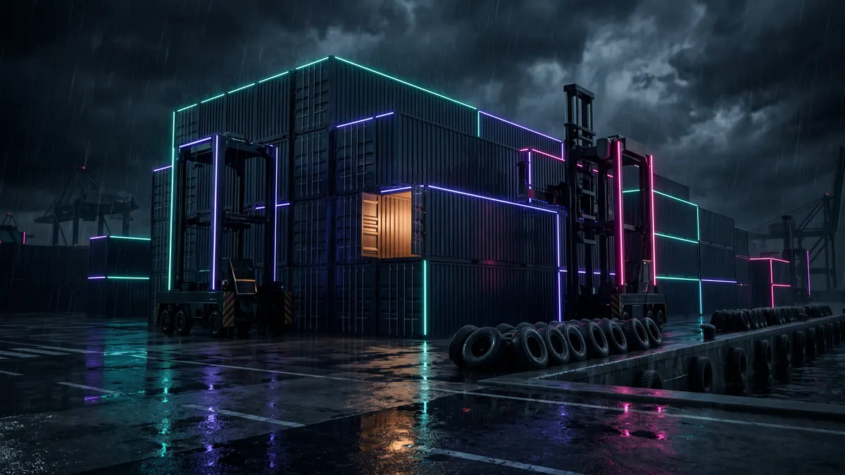 A ranked stack of shipping containers at night beside a hoist and a row of tyres, one container lit from within.