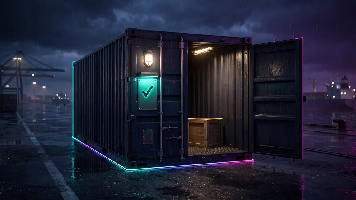 One container on a wet quay under an inspection lamp with a single verified tick lit above it