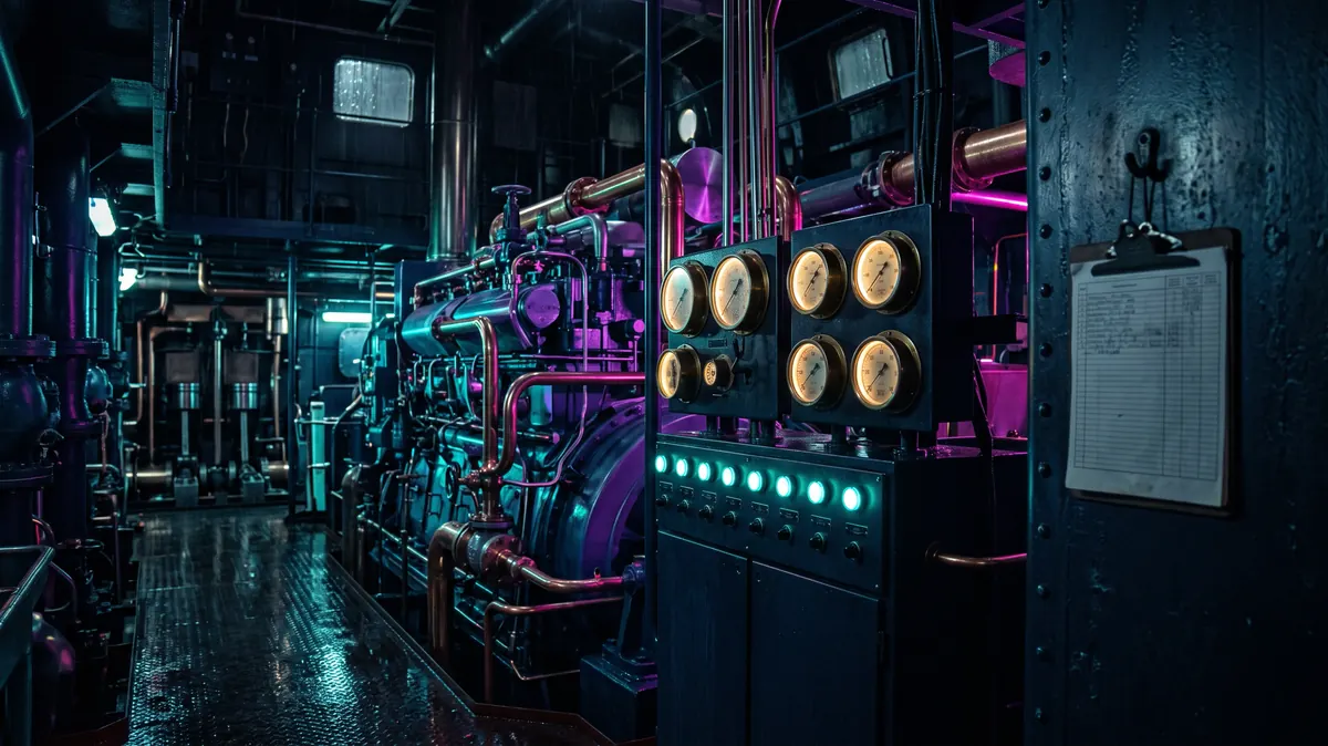 A ship’s engine room with every gauge reading steady and a maintenance log on its hook