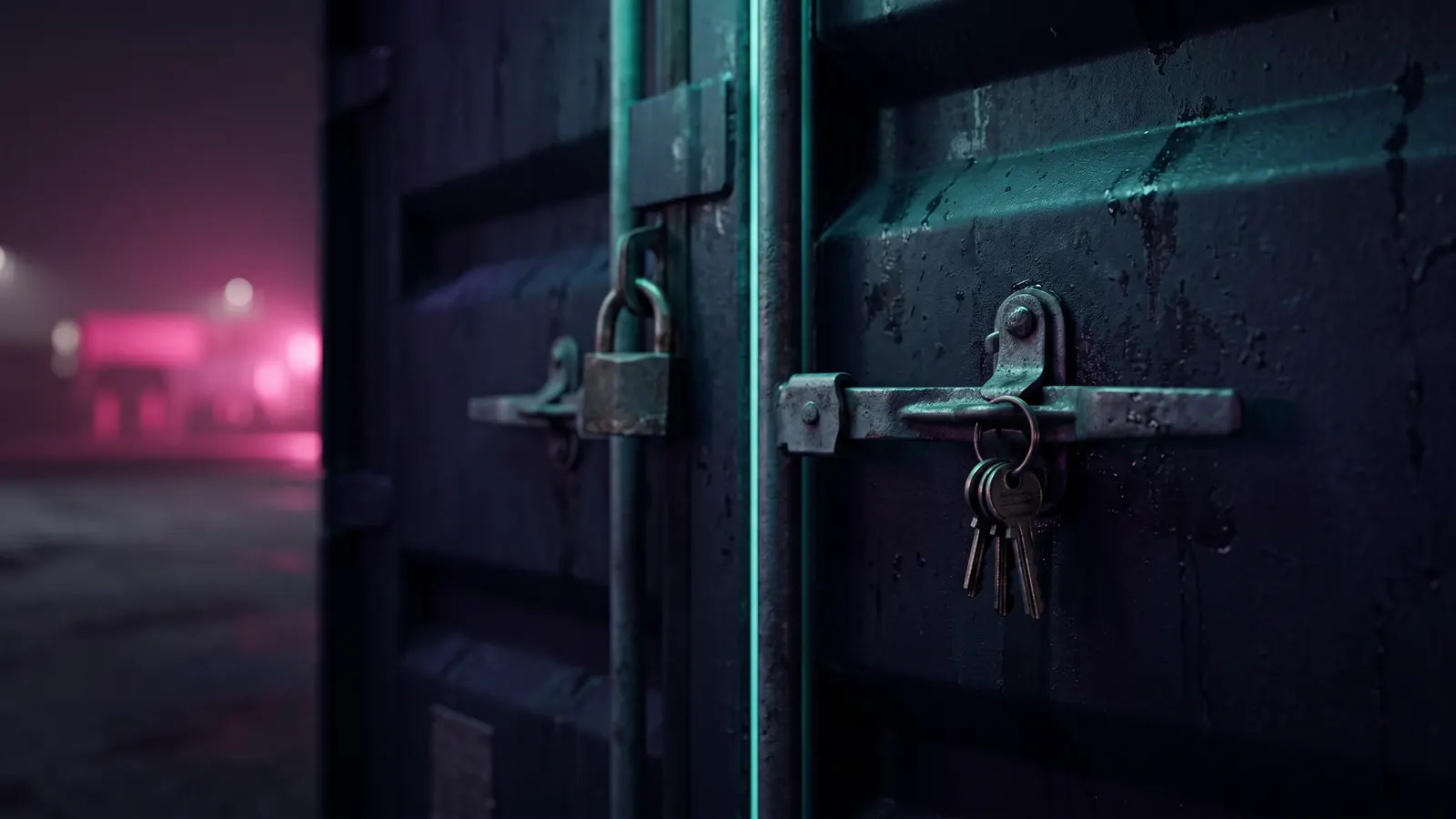 A container door with a heavy padlock and a ring of keys resting on the latch