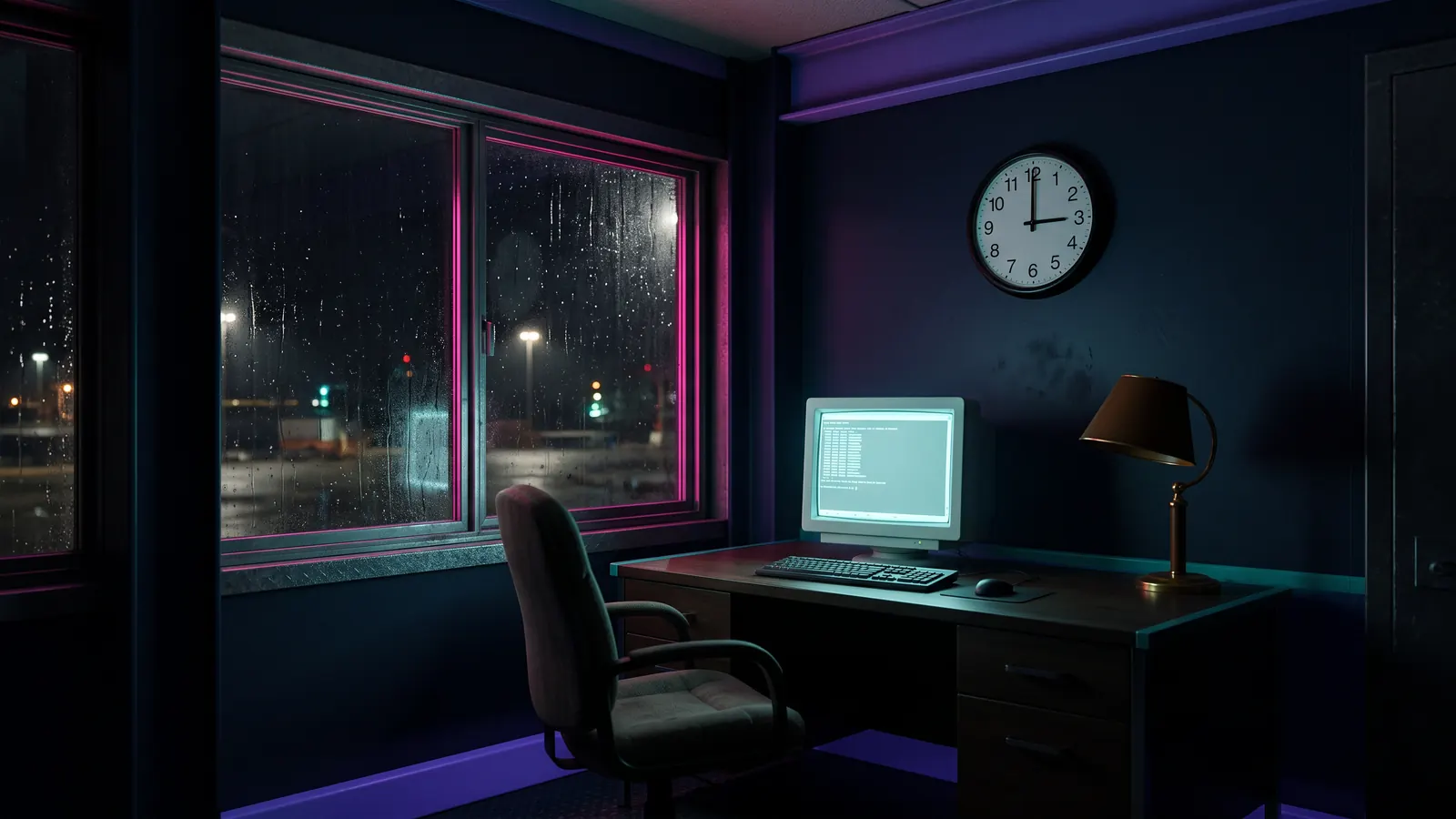 An empty port office at 3:36am, the wall clock at 3:36, one screen glowing and nobody watching