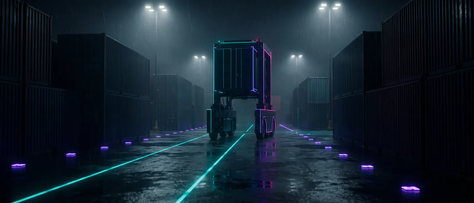 An automated straddle carrier moving under floodlights on an empty terminal at night, painted guide lines visible on the concrete.