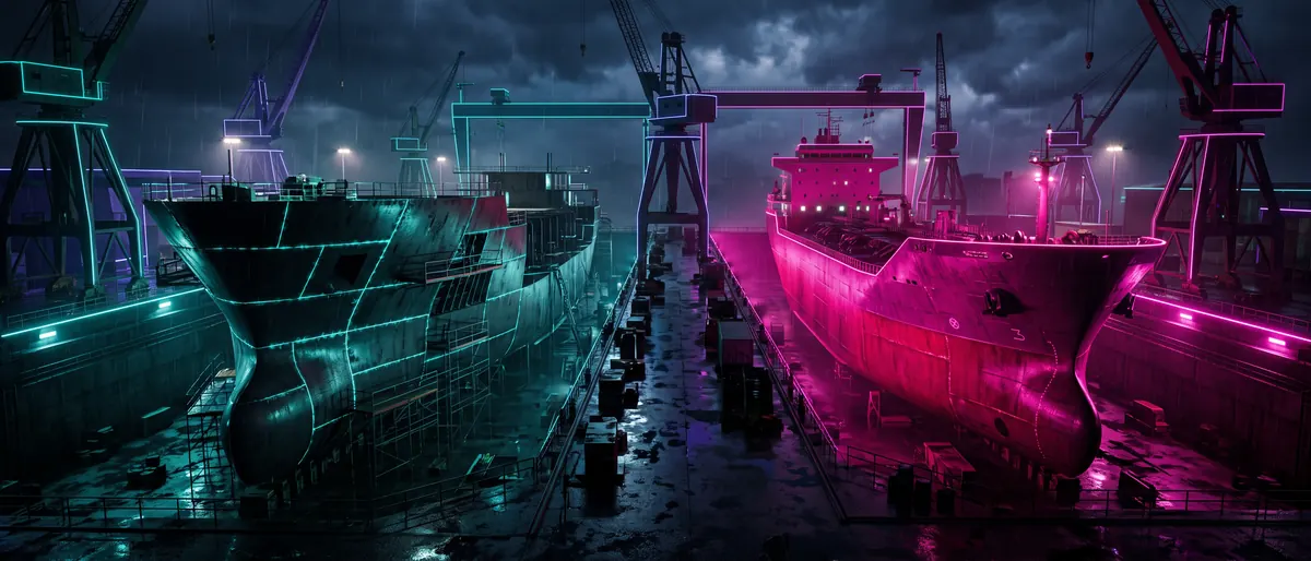 A dry dock: a hull built plate by plate beside a finished vessel