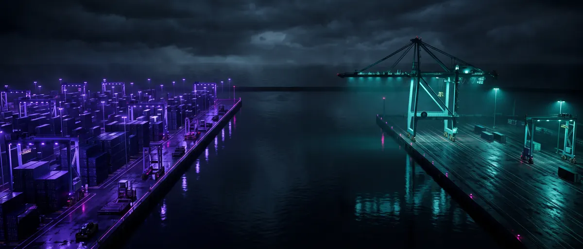 Two container terminals across a harbour from each other at night, one dense with stacked boxes, the other sparse and floodlit.