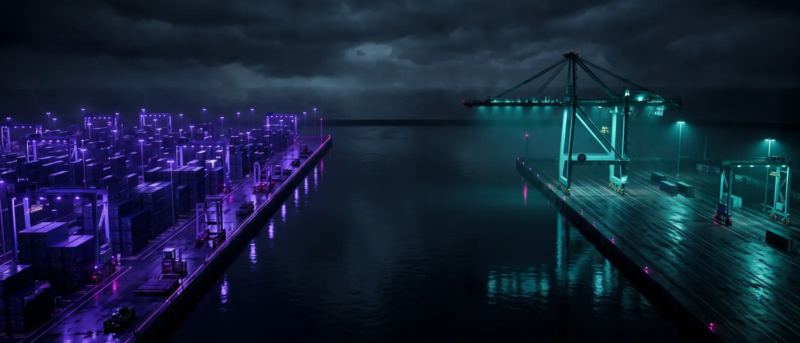 Two container terminals across a harbour from each other at night, one dense with stacked boxes, the other sparse and floodlit.