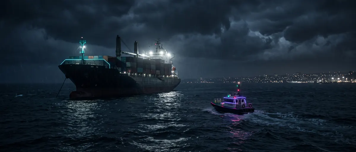 A ship at anchor in the roads at night, lights on, a small pilot boat leaving the harbour mouth toward it.