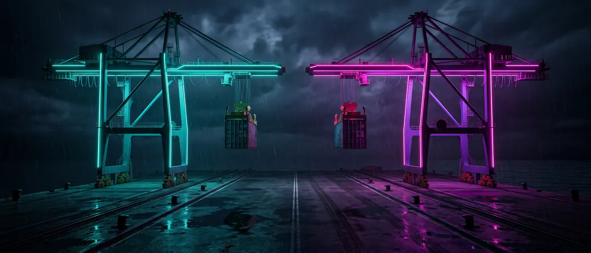 Two cranes facing each other, one teal, one magenta