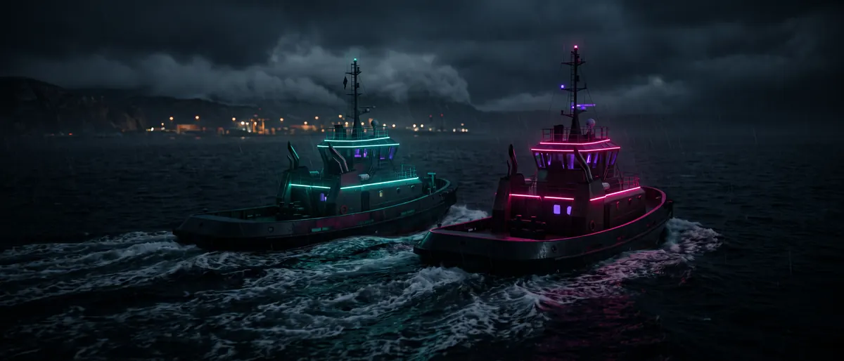 Two tugboats side by side cutting parallel wakes