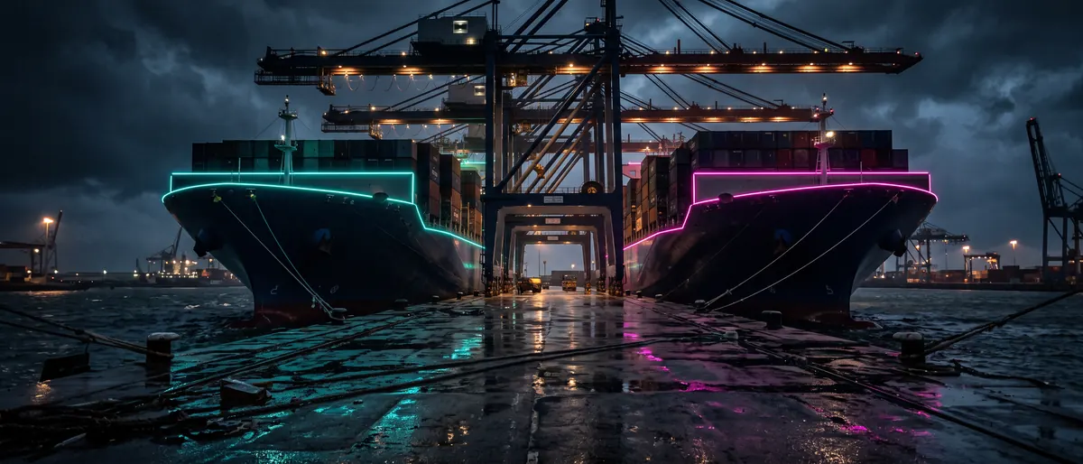 Two container ships berthed side by side at a night wharf, identical hull profiles, different company colours under the same gantry lights.