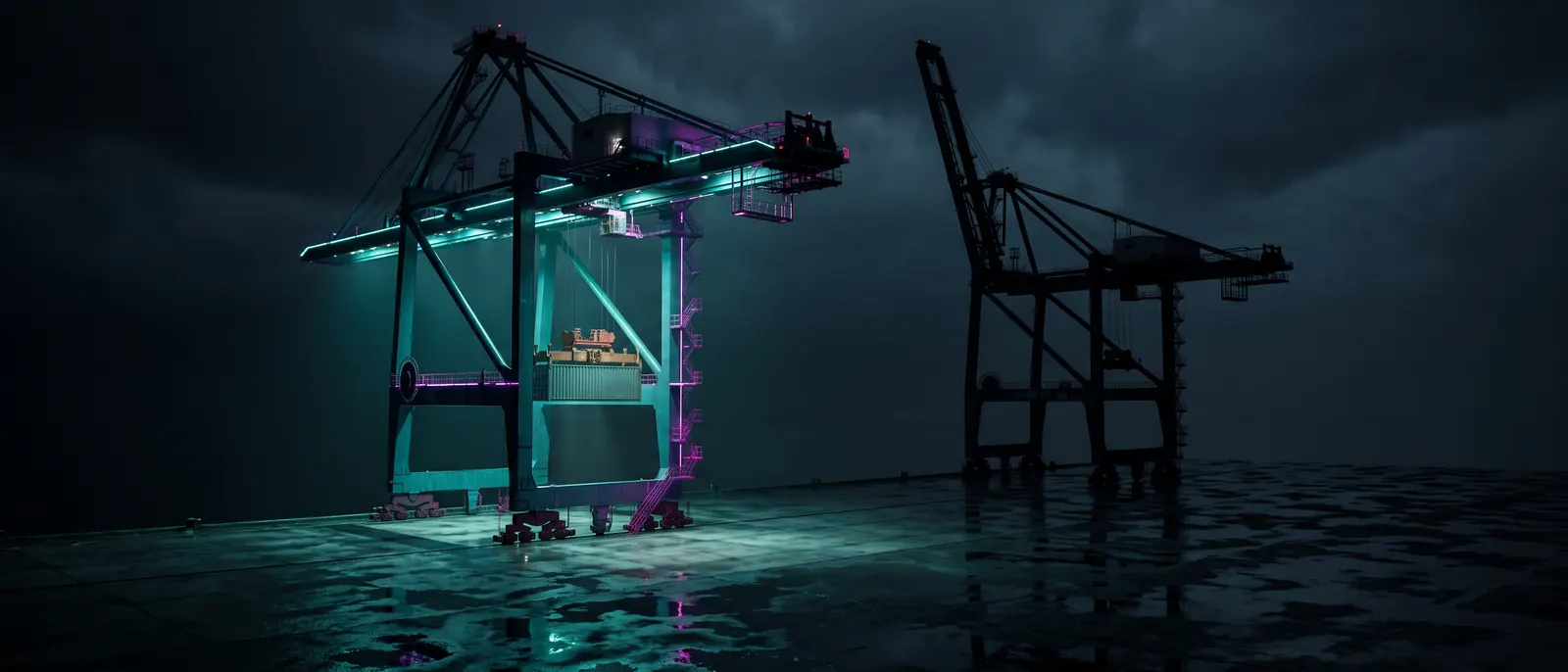Two ship-to-shore cranes at night, one lit and working, the other parked with its boom raised, wet concrete between them.
